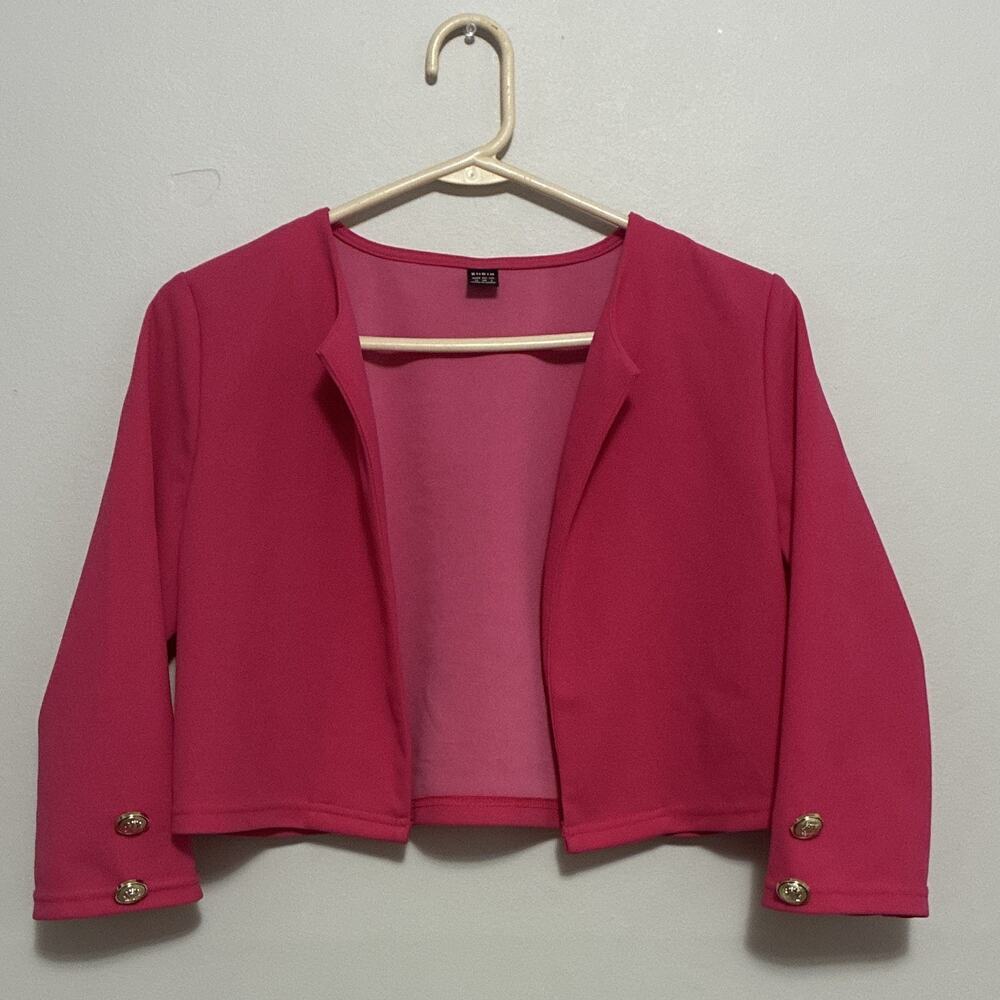 SHEIN Pink Solid Open Front Cropped Jacket 3/4 Sleeve Button Size M